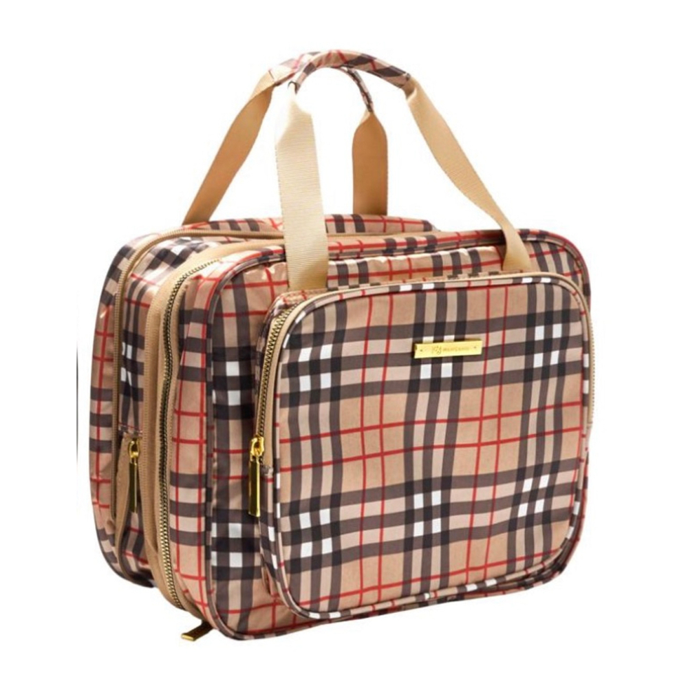 Joy Mangano CleanBoss Hanging Toiletry Bag Beige Black Plaid NEW!